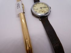 Vintage silver cased wristwatch with circular enamelled dial together with a gold filled propelling