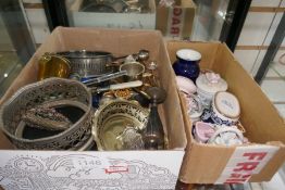 A shelf of mixed items incl. silver plate, trinket boxes and other collectables