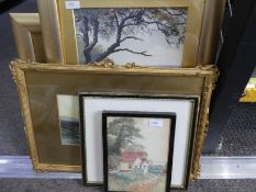 A pair of watercolours by Spence and three other pictures