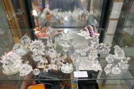 Two Royal Crown Derby paperweights and a quantity of crystal glass animals