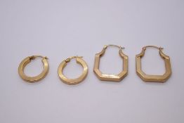 Two pairs of 9ct yellow gold earrings, both pairs marked 375, one pair of hoop design, 4.5g approx