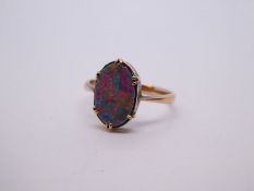 9ct rose gold ring with oval flat opal style panel, size K, marked 9ct, approx 1.4g