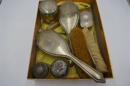 Silver dressing table items to include, brushes, cut glass silver topped pots, silver handled nail i