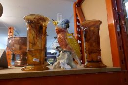 Vintage china Cockatoo and two iridiscent glass marble effect vases