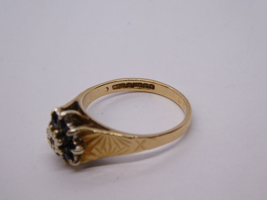 9ct yellow gold sapphire and diamond cluster ring, marked 375, size K, approx 2.5g - Image 3 of 4