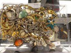 Tray of mixed costume jewellery including silver charm bracelet, silver gatelink, silver cameo ring,