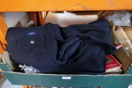 A tray of Military related items and similar including jacket and trousers