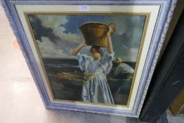 A picture of young lady with basket on head and one other