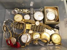 Tray of various watches and pocket watches including silver pocket watches and other various fashion