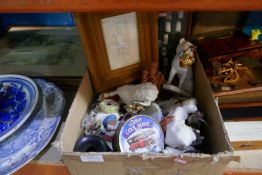 Box of collectable ceramics including animal figures and framed Winnie the Pooh drawing, etc