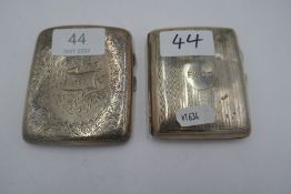 Two silver cigarette cases, one with etched stripe design, the other with foliar scrolls. Hallmarks