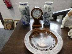 A Sorrento olive wood dish, an Edwardian balloon clock and a pair of oriental vases