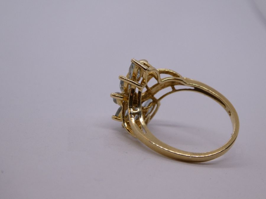 Fancy 9ct yellow gold aquamarine and diamond dress ring, size N, 2.7g approx, mark illegible - Image 5 of 7