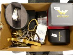 Box of mixed modern wristwatches to include Citizen, Waltham, Seiko, etc and an empty Omega watch bo