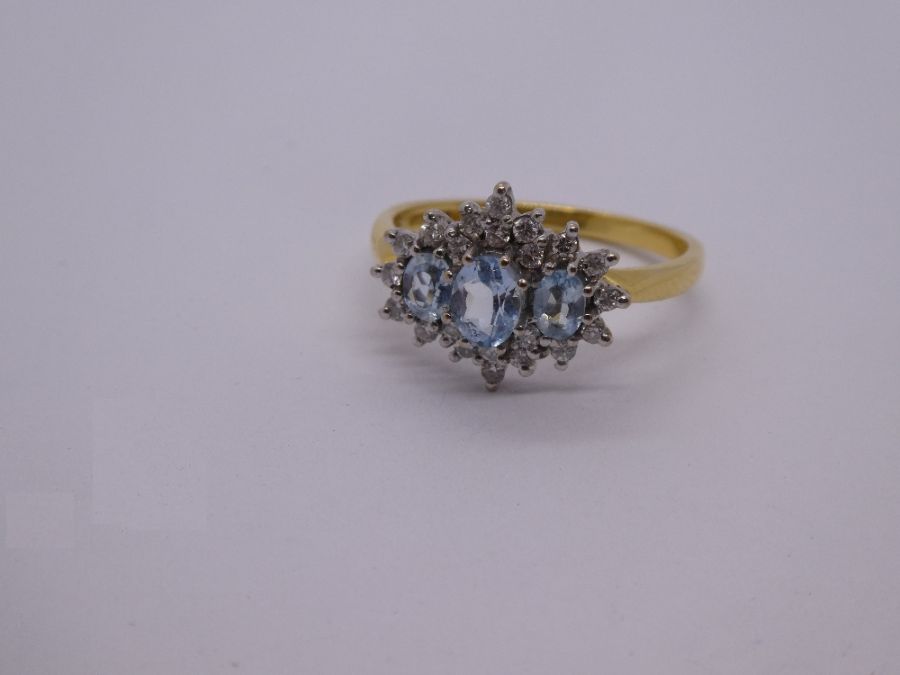 18ct yellow gold aquamarine and diamond cluster ring, marked 750, Birmingham, maker CJ, size Q, larg - Image 3 of 3