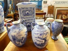 A pair of Dutch blue and white vases, other blue and white and a Ginger jar