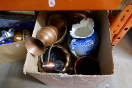 A selection of metal ware, china, vases, etc