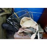 A box containing vintage Trout landing nets, fishing/game bags and similar