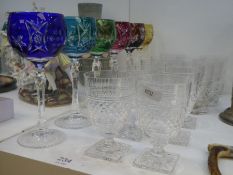 A set of 6 Bohemian coloured Hock glasses, a set of 6 Georgian style glasses and 7 tumblers