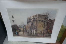 A pair of coloured pencil signed etching by Edward King of London scenes and a landscape painting by