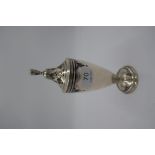 An ornate, high quality silver and blue enamel decorative caster on a circular foot, pierced lid, ha