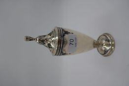 An ornate, high quality silver and blue enamel decorative caster on a circular foot, pierced lid, ha