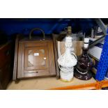 A box of sundry including coloured glass bottles and a coal scuttle