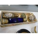 A Victorian blue glass double ended scent bottle, a snuff box made from sea shell and two other item