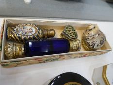 A Victorian blue glass double ended scent bottle, a snuff box made from sea shell and two other item