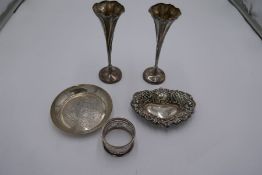 A pair of Edwardian silver tapering fluted vases, having circular foot and scalloped design rim. Hal
