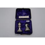 A superb Victorian cased silver chess salt and pepper set as a trophy in the form of a Knight and a
