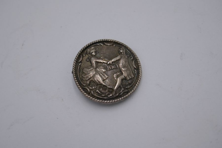 A set of five, silver Victorian buttons of repoussed figures holding hands. Having gadrooned border. - Image 4 of 5