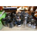 A selection of various silver plated items including coffee pots, tankards, etc