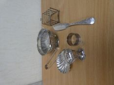 Collection of hallmarked silver to include silver bowl, tongs, napkin ring, scallop dish, etc, 11.8