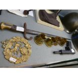 World War I - four trench art ashtrays and bayonet, Hampshire Regiment brass crest and Phoenix G60 .