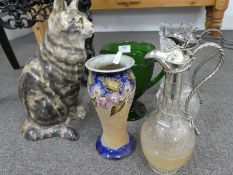 A Royal Doulton vase, a pair of engraved decanters having silver plated mounts and sundry