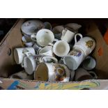 Five boxes of mixed china ware including Royal Commemorative mugs, etc
