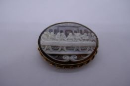9ct yellow gold oval cameo brooch with rope twist frame, depicting The Last Supper, Birmingham, CG &