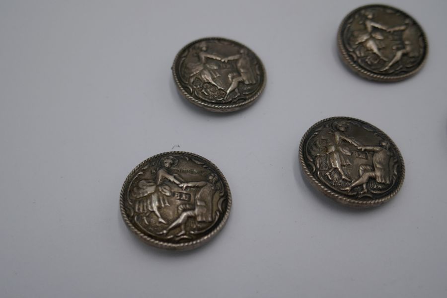 A set of five, silver Victorian buttons of repoussed figures holding hands. Having gadrooned border. - Image 2 of 5