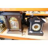 Two mantle clocks, one slate version and one wooden cased version