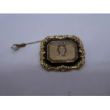 Antique yellow metal decorative framed rectangular brooch, together with a yellow metal stick pin wi