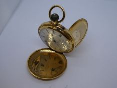 Antique 18ct yellow gold full hunter pocket watch by W.Wagstaff; Islington 9636, with enamel dial an