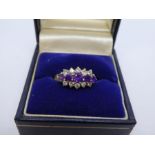 Vintage 9ct yellow gold amethyst and diamond cluster ring with 5 graduating central amethyst flanked