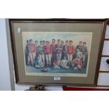 Framed and glazed coloured print depicting famous English football players, 1881