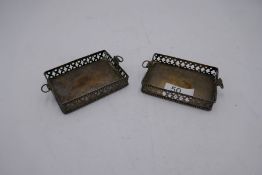 Two silver Dutch miniature dishes, rectangular design with pierced border and two handles. 5.05 ozt