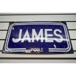Vintage enamel sign with the manufacturer's name of "James" depicted