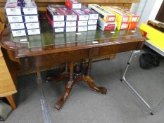 A Victorian burr walnut side table, having 2 drawers on quadrapod base, 122cm