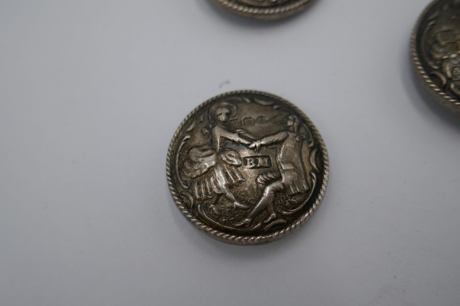 A set of five, silver Victorian buttons of repoussed figures holding hands. Having gadrooned border. - Image 3 of 5