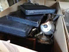 Four boxes of china, glass, silver plate and sundry