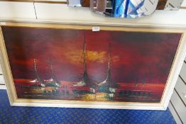 A 19th Century oil of boats on water, signed 98.5 x 48.5cm